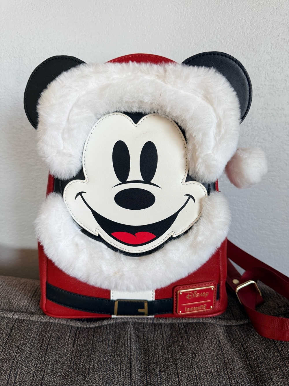 Loungefly Red Mickey Mouse Faux Fur Holiday Mini Backpack